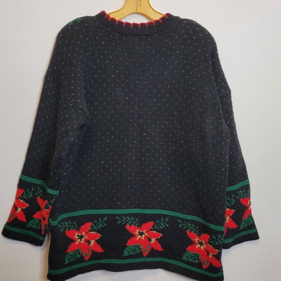Vintage Christmas Sweater Poinsettia Black Red Dana Scott Acrylic Size Medium - Picture 11 of 15